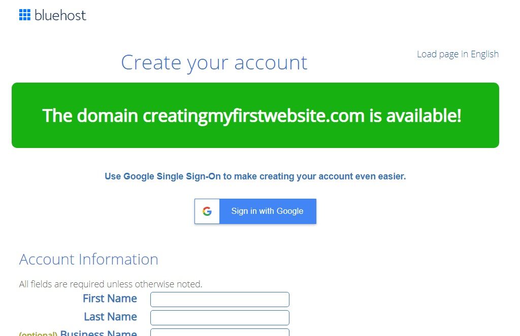 Domain availability confirmation in bluehost to purchase domain and hosting