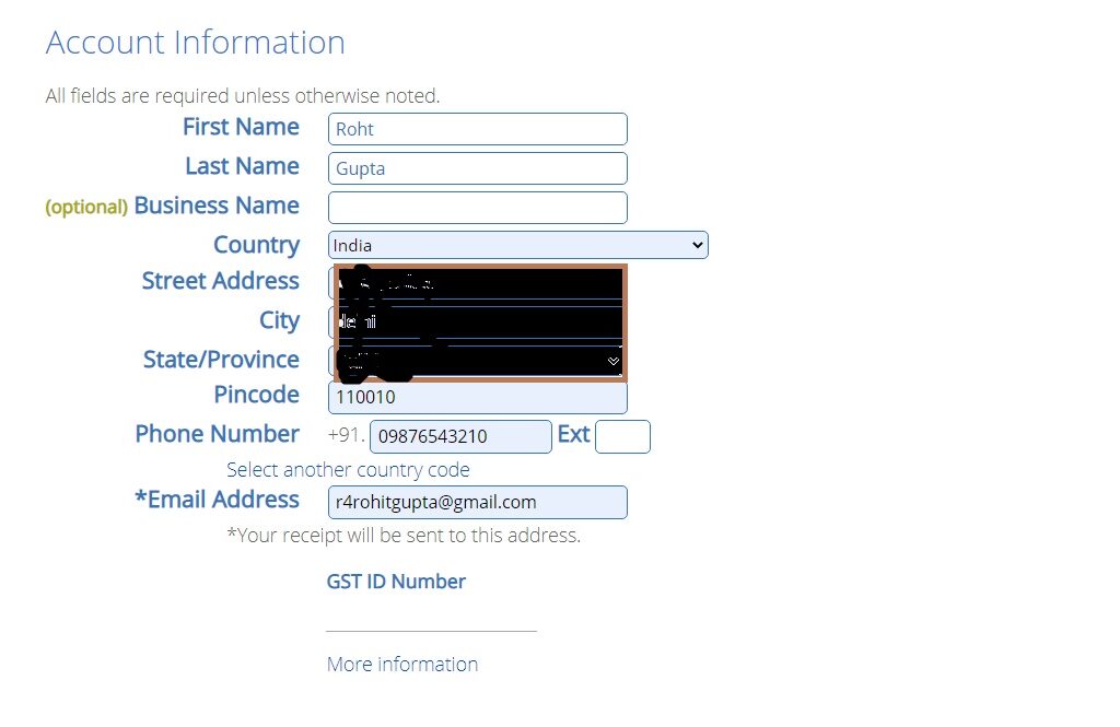 Adding account information for domain registration