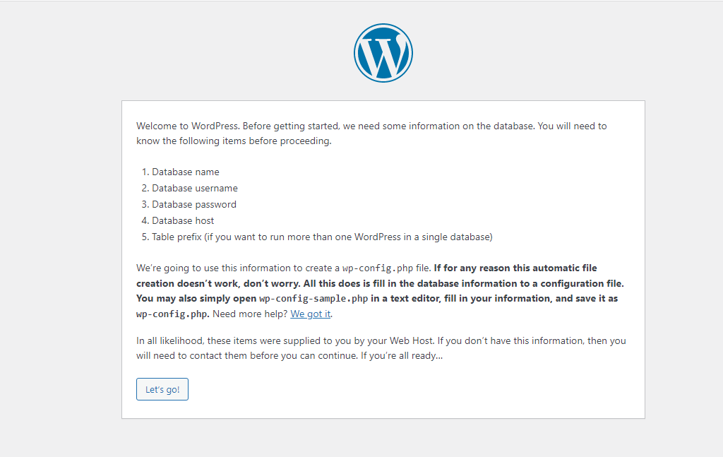 welcome message from wordpress on localhost