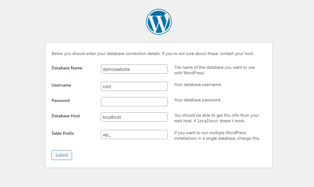 entering details of database for wordpress installation.