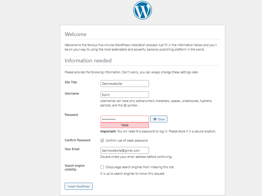 entering information for completing the wordpress installation process.
